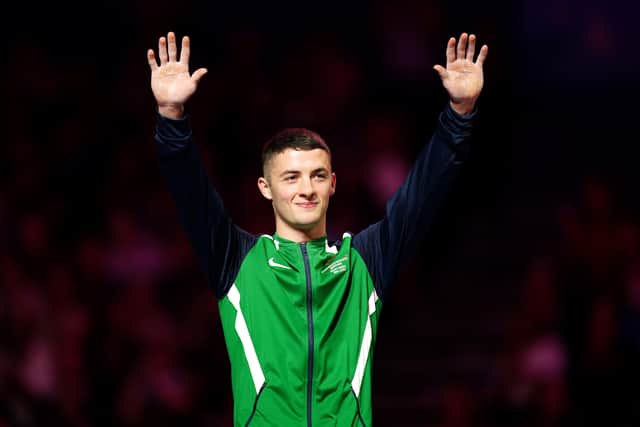 Northern Ireland’s Rhys McClenaghan receives his silver medal during the ceremony for the Men’s Pommel Horse Final