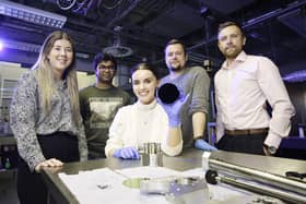 Caragh McMenamin, Achyut Maity, Emma Crothers, Thom Conaty and Brendan Lowry from the Smart Nano NI consortium pictured at the launch of FutureScope Smart Manufacturing Experiment
