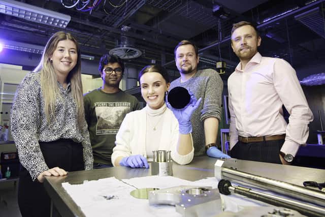 Caragh McMenamin, Achyut Maity, Emma Crothers, Thom Conaty and Brendan Lowry from the Smart Nano NI consortium pictured at the launch of FutureScope Smart Manufacturing Experiment