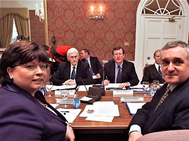 SDLP grandee Seamus Mallon and David Trimble in 1999, flanked by Irish taniste of the day Mary Harney and taoiseach Bertie Ahern; this columnist writes that the tolerant and accommodating nationalism of those days has been replaced by a harsher vision of unionists as an obstacle to be overcome