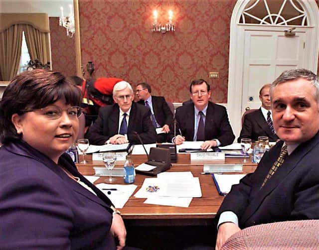 SDLP grandee Seamus Mallon and David Trimble in 1999, flanked by Irish taniste of the day Mary Harney and taoiseach Bertie Ahern; this columnist writes that the tolerant and accommodating nationalism of those days has been replaced by a harsher vision of unionists as an obstacle to be overcome