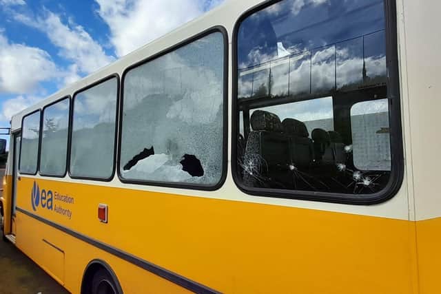 Some of the damage caused to the buses parked in the Ardglass Road area of Downpatrick.