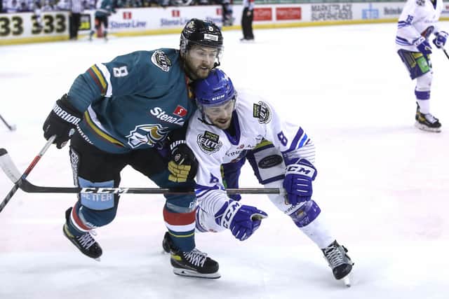 Former 
Belfast Giant Lewis Hook, left, in action against the Coventry Blaze last season. Picture: William Cherry/Presseye