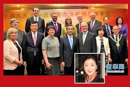 Northern Irish political leaders welcoming China’s foreign minister Wang Yi (centre, blue tie) to Belfast in 2015, and inset, consul Zhang Meifang
