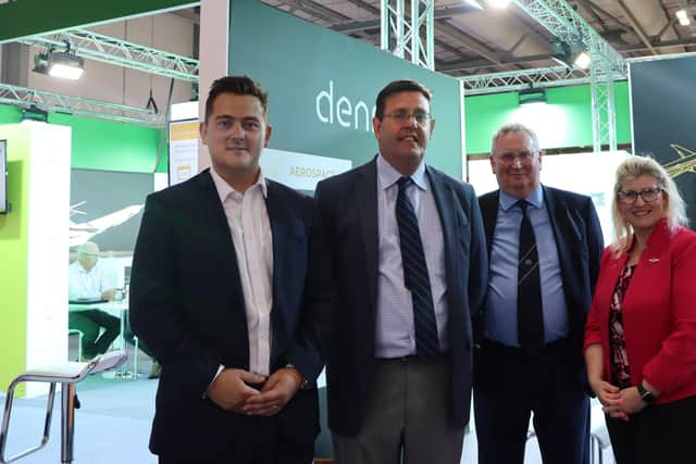 Gareth Deering, Denroy commercial manager, Dr Sean Black, Spirit senior vice president and chief engineer, engineering and research & development, Dr John F. Rainey, Denroy chairman, Cindy Hoover, Spirit vice president, Defense & Space Engr. /R&T/Core Engr, Kevin McNamee, Denroy CEO