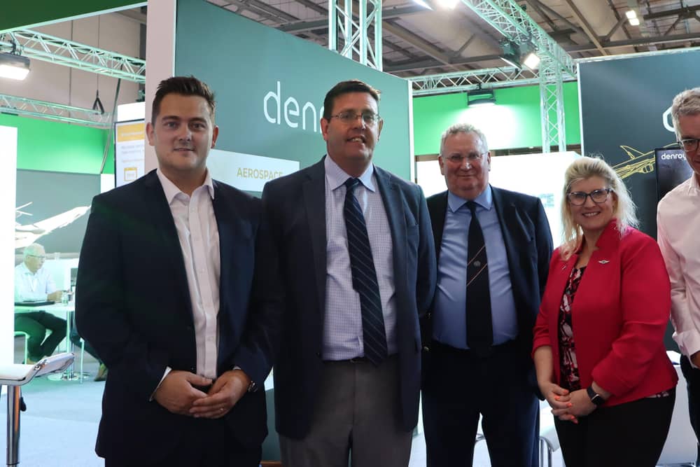Gareth Deering, Denroy commercial manager, Dr Sean Black, Spirit senior vice president and chief engineer, engineering and research & development, Dr John F. Rainey, Denroy chairman, Cindy Hoover, Spirit vice president, Defense & Space Engr. /R&T/Core Engr, Kevin McNamee, Denroy CEO