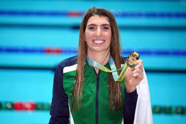 Bethany Firth celebrates with the gold medal after winning the Women’s 200m Freestyle S14 Final at the Sandwell Aquatics Centre last night to complete a full set of medals for the Northern Irish para-swimmer.