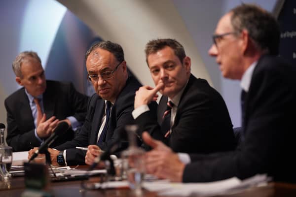 (L-R) Deputy Governor for Monetary Policy, Ben Broadbent, Executive Director for Communications, James Bell, Governor of the Bank of England, Andrew Bailey, and Deputy Governor for Markets and Banking, Dave Ramsden, during the Bank of England's financial stability report press conference.