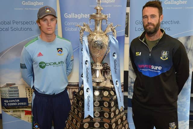 CSNI’s Luke Georgeson and CIYMS captain Nigel Jones pictured ahead of the Gallagher Challenge Cup final. Pic by NCU