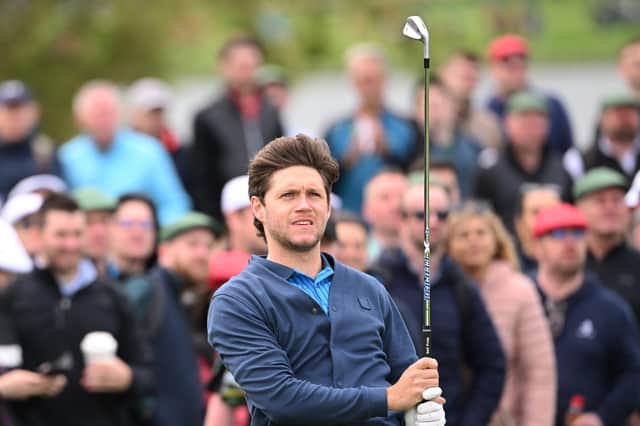 LIMERICK, IRELAND - JULY 04: Recording artist Niall Horan play his second shot at the 11th hole during Day One of the JP McManus Pro-Am at Adare Manor on July 04, 2022 in Limerick, Ireland. (Photo by Ross Kinnaird/Getty Images)
