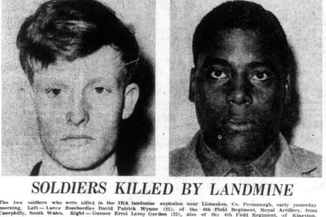 A press cutting reporting on the IRA landmine attack that claimed the lives of David Wynne and Errol Gordon on August 7, 1972.