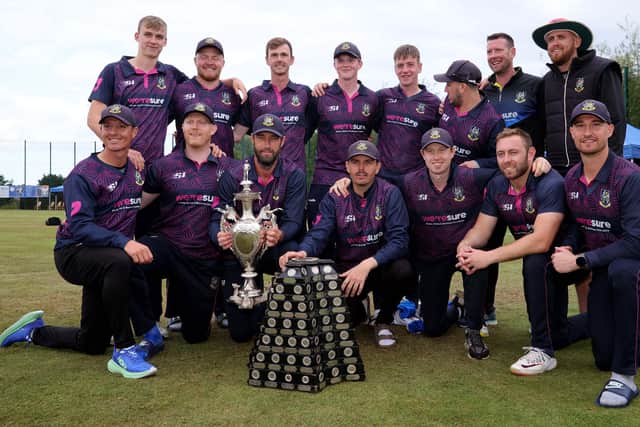 CIYMS players celebrate with the Gallagher Trophy after today's Gallagher Challenge Cup final at The Green, Comber.  Photo by David Maginnis/Pacemaker Press