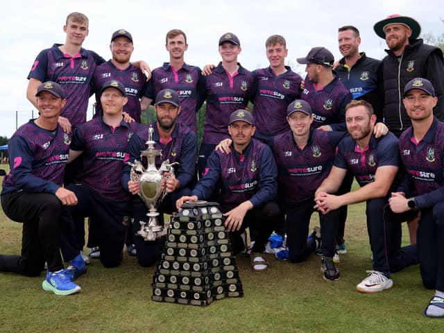 CIYMS players celebrate with the Gallagher Trophy after today's Gallagher Challenge Cup final at The Green, Comber.  Photo by David Maginnis/Pacemaker Press