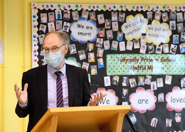 Education Minister Peter Weir during a visit to Tullygally Primary School in Craigavon