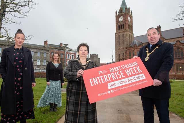 The Mayor Councillor Brian Tierney and Londonderry Chamber of Commerce President Dawn McLaughlin pictured with Louise Breslin,  Business Development Manager and Emma McGill, Strabane Town Centre Development Manager at the launch of Derry City and Strabane District Council’s annual Enterprise week
