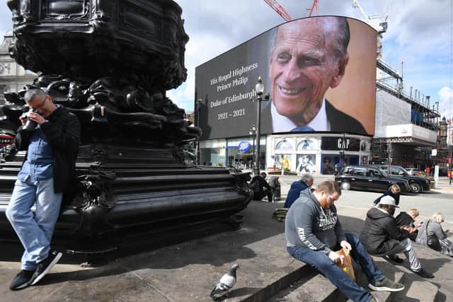A tribute to the Duke of Edinburgh, which will be shown for 24 hours, on display at the Piccadilly Lights in central London, following the announcement of his death at the age of 99.