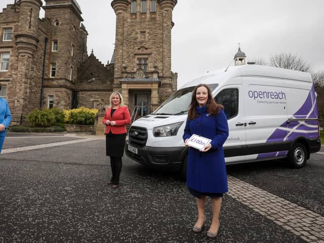 Arlene Foster, First Minister of Northern Ireland, Michelle O’Neill, deputy First Minister alongside Mairead Meyer, Director of Openreach in Northern Ireland