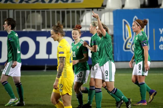 Northern Ireland's Simone Magill celebrates scoring against Ukraine during the UEFA Women's Euro 2022 play-off first leg at the Kolos Kovalivka Stadium. Pic by PressEye Ltd.
