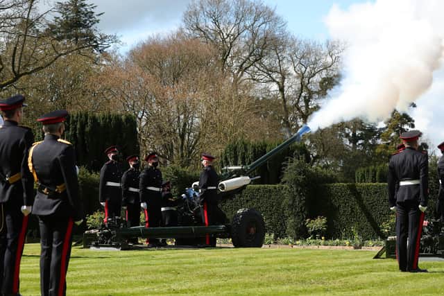 Soldiers from 206 Battery, 105 Royal Artillery take part in a gun salute to the Duke of Edinburgh takes place at Hillsborough Castle. 
Photo: Kelvin Boyes  / Press Eye.