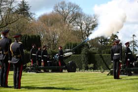 Soldiers of the Royal Artillery take part in a gun salute to the Duke of Edinburgh takes place at Hillsborough Castle on 10 April. 
Photo: Kelvin Boyes  / Press Eye.