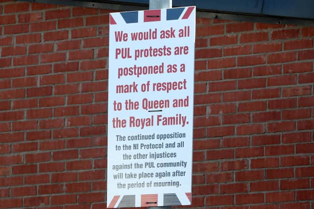 Press Eye - Lanark Way - Belfast - 11th April 2021
Photograph by Declan Roughan / Presseye

Lanark Way - PUL (Protestant, Unionist Loyalist) posters calling for postponement of protests as a mark of respect to the Royal Family following the death of the Duke Of Edinburgh.