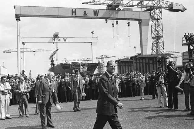 Prince Philip visits Harland in Wolff in 1977. He had visited the shipyard in 1946 on the first of his 57 visits to NI, which continued during the Troubles. He believed that faced with misfortune and tragedy your job is just to get on with things