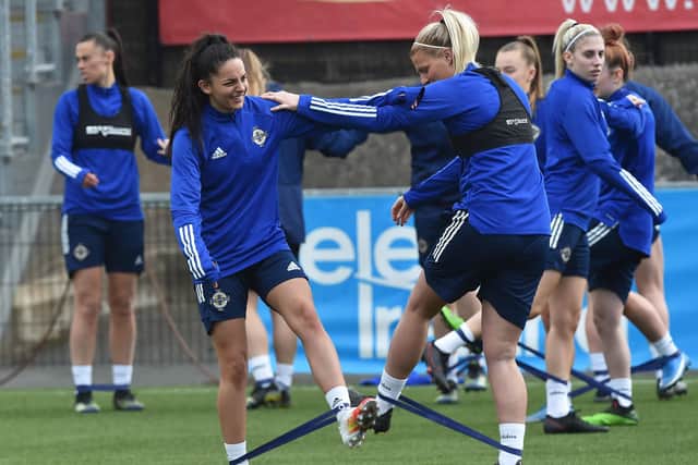 Ashley Hutton (front right) ahead of  Northern Ireland's Women Euro 2022 match against Ukraine on Tuesday.
Photo: Colm Lenaghan/Pacemaker
