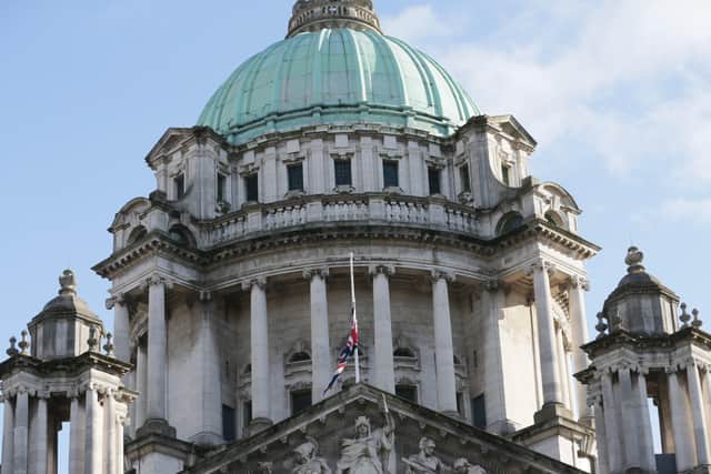  The flag at Belfast city hall flies at half mast to mark the passing of the Duke of Edinburgh