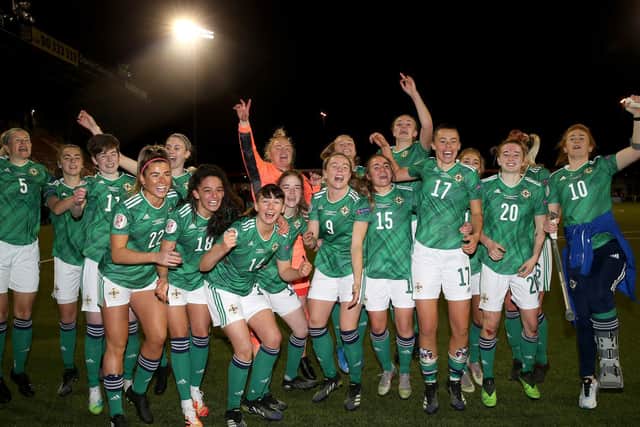 Northern Ireland players celebrate at the final whistle after defeating Ukraine and qualifying for the the UEFA Women’s Euro 2022.