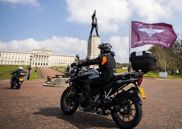 One of a number of motorcyclists who took part in the Rolling Thunder protest in Belfast in April 2019. Photo: Liam McBurney/PA Wire