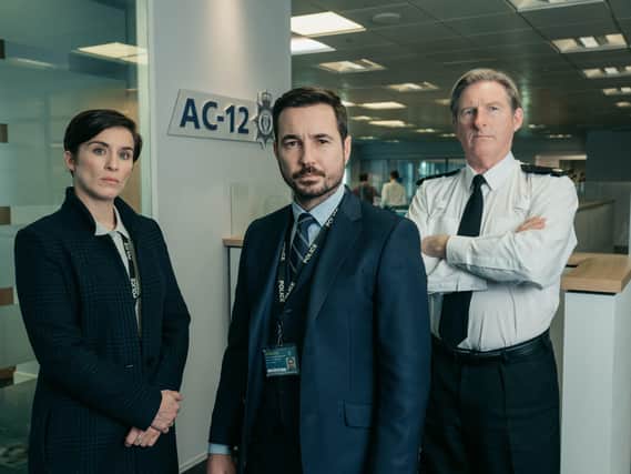 Vicky McClure as Detective Sergeant Kate Fleming, Adrian Dunbar as Superintendent Ted Hastings and Martin Compston as Detective Sergeant Steve Arnott