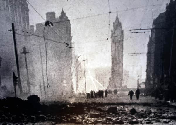 Damage in Belfast city centre, looking down High Street towards the Albert Clock after the 1941 German Blitz attacks