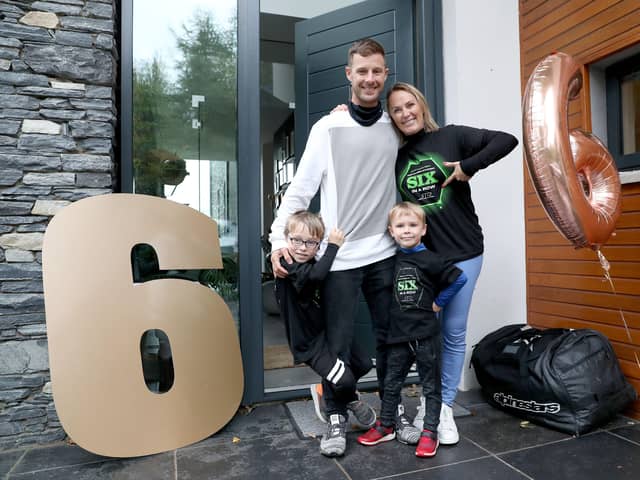World Superbike champion, Jonathan Rea, is welcomed back  home to a huge welcome from his sons Jake and Tyler and wife Tatia after winning the title for the sixth time in Estoril, Portugal in 2020. 
 Picture: Steven Davison.