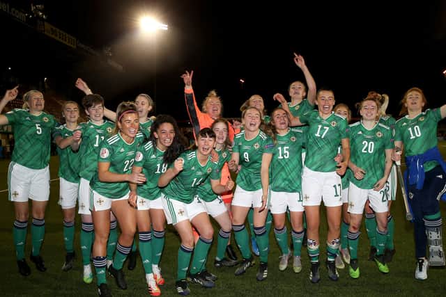 Northern Ireland players celebrate at the final whistle after defeating Ukraine 2-0 and qualifying for the the UEFA Women's Euro 2022.