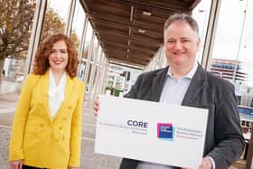 Business in the Community Deputy Managing Director Lisa McIlvenna congratulates John Healy, Managing Director of Allstate Northern Ireland on achieving CORE: The Standard for Responsible Business accreditation