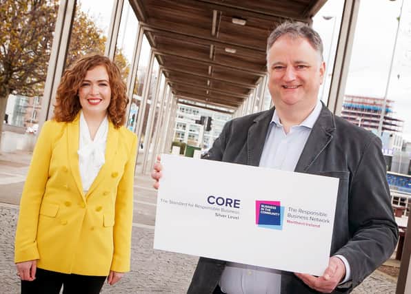 Business in the Community Deputy Managing Director Lisa McIlvenna congratulates John Healy, Managing Director of Allstate Northern Ireland on achieving CORE: The Standard for Responsible Business accreditation