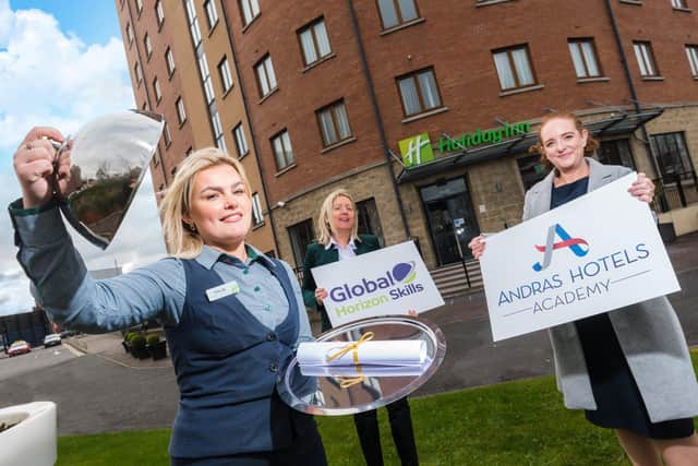 Chloe O’Toole, Receptionist at Holiday Inn, Belfast is pictured with Catherine McGeady, Business Development Manager at Global Horizon Skills and Jacqueline Canning, HR manager in Andras Hotels