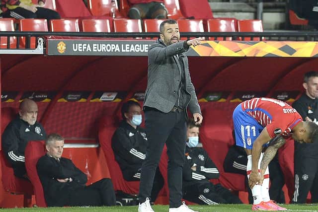 Granada's Spanish coach Diego Martinez . (Photo by CRISTINA QUICLER / AFP) (Photo by CRISTINA QUICLER/AFP via Getty Images)