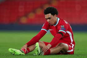 Liverpool's Trent Alexander-Arnold appears dejected at the final whistle after the UEFA Champions League match against Real Madrid at Anfield on Wednesday.