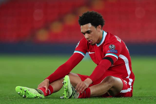 Liverpool's Trent Alexander-Arnold appears dejected at the final whistle after the UEFA Champions League match against Real Madrid at Anfield on Wednesday.