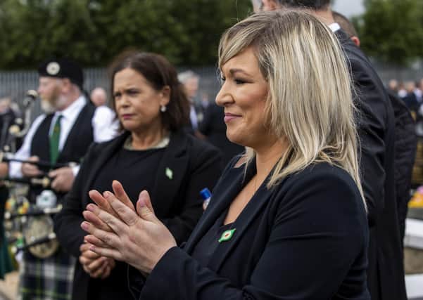 The deputy first minister Michelle O’Neill, right, with Mary Lou McDonald at the Bobby Storey funeral, has contributed to the crisis, says Lord Morrow, "whether in relation to flouting Covid rules or by calling for the rigorous implementation of the protocol"