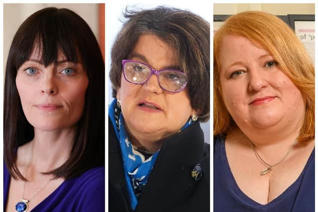 Pictured from left to right, Infrastructure Minister and deputy leader of the SDLP, Nichola Mallon, First Minister and leader of the DUP, Arlene Foster and Justice Minister and Alliance Party leader, Naomi Long.