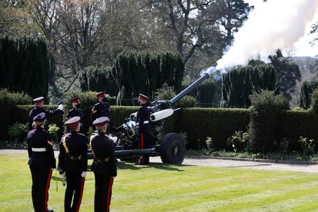 The 206 (Ulster) Battery Royal Artillery conduct a gun salute at Hillsborough Castle, Co Down, to mark the national minute's silence on the occasion of the funeral of the Duke of Edinburgh. 
Photo: Kelvin Boyes/Press Eye/PA