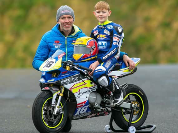 John Burrows with his son Jack during a test day at Nutts Corner on Sunday. Picture: Baylon McCaughey.