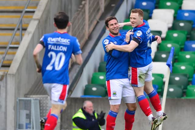 Linfield’s Mark Haughey pictured after scoring his team’s opener against Ballymena United