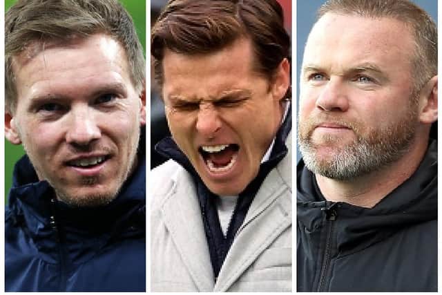 Pictured from left to right - RB Leipzig manager Julian Nagelsmann, Fulham manager, Scott Parker and Derby County manager, Wayne Rooney.