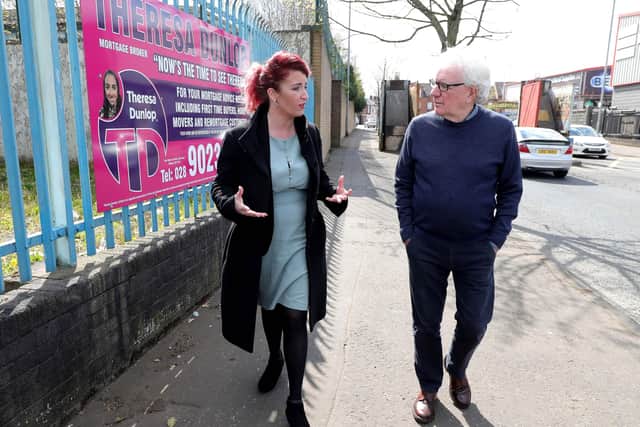 16th April  2021 Louise Haigh,  Shadow Secretary of State for Northern Ireland, with Shankill Road Community worker Jackie Redpath at Lanark Way peace gates in west Belfast