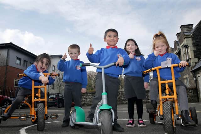 P1 pupils take part in their cycling and scooter skills class at Ballymena Primary School. 
PICTURE BY STEPHEN DAVISON/PACEMAKER