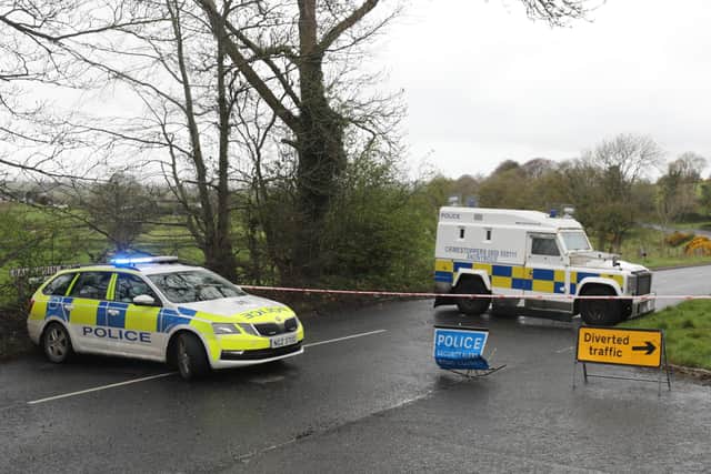 PSNI vehicles block a road during a security operation which has been ongoing since Monday on the Ballyquin Road , close to Dungiven, pIC: Niall Carson/PA Wire