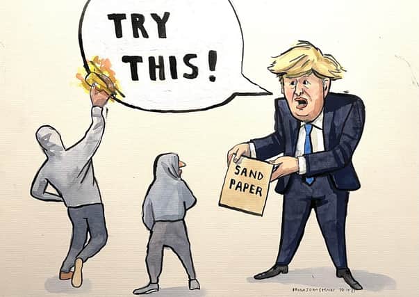 Artist Brian John Spencer’s take on Boris Johnson’s claim to last night’s Spotlight programme that he is trying to “sandpaper” the protocol he agreed
